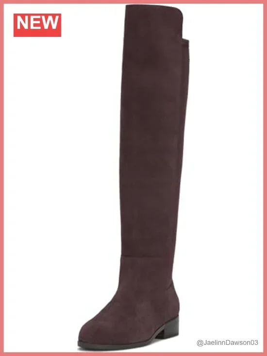 Suede Over-the-Knee Boots, Pull-On, Low Block Heel, Almond Toe, Equestrian Style