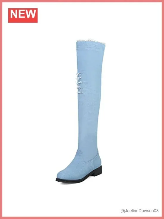 Denim Over the Knee Boots Flat Chunky Heel Side Zipper