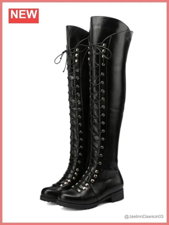 Women's Over the Knee Square Toe Faux Leather Boots Low Heel Side Zipper Lace Up