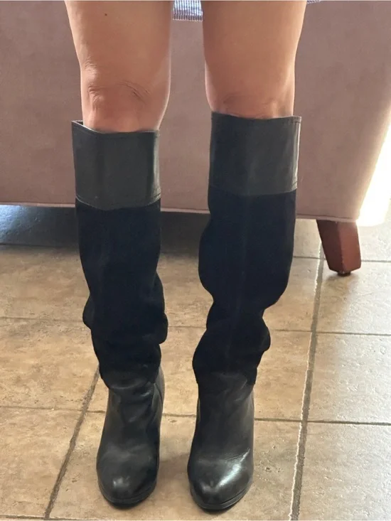 Black Genuine Leather and Suede Knee High Slouch Boots - size 37 size 7