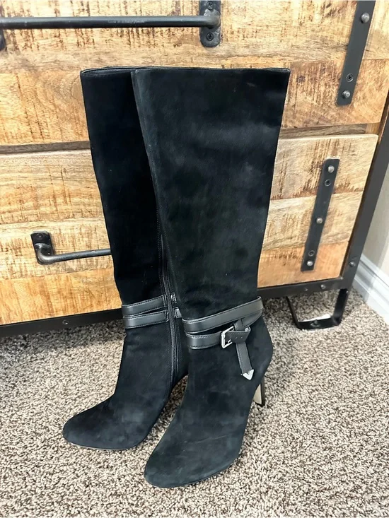 ANTONIO MELANI Black Suede Knee-High Buckle Boots