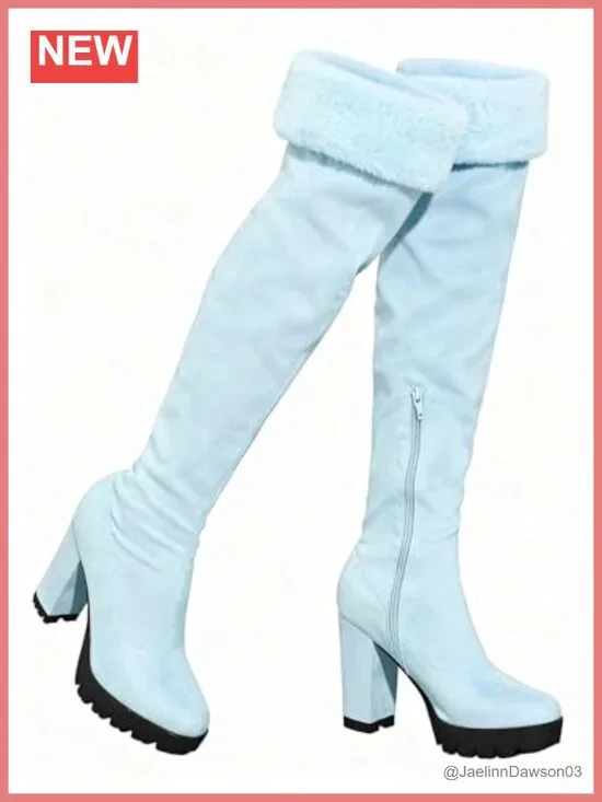 Faux Fur Over Knee Thigh High Boots Chunky Heel Platform Zip