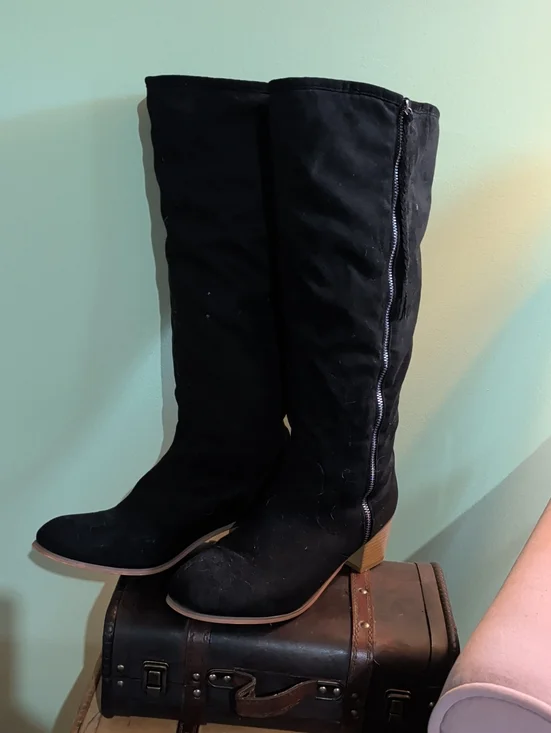 Women's Over-the-Knee Black Zip Boots with Low Block Heel