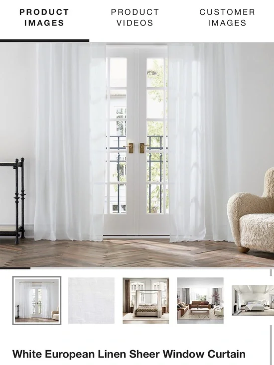 Crate&Barrel White Linen-Sheer Window Curtain 52” x 84”