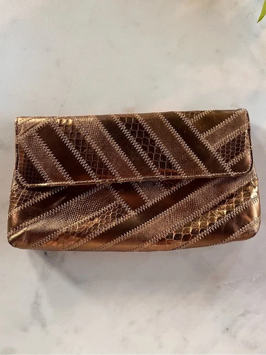 Dame 80s Metallic Bronze Snakeskin Patchwork Convertible Crossbody Clutch Bag