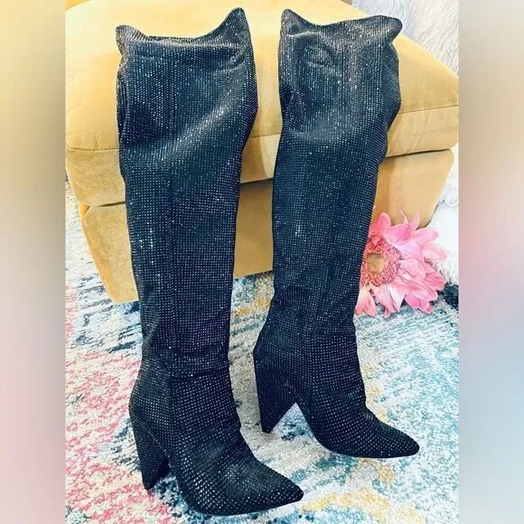 Black Rhinestone Over The Knee Thigh High Pull On Boots Triangle Heel 10