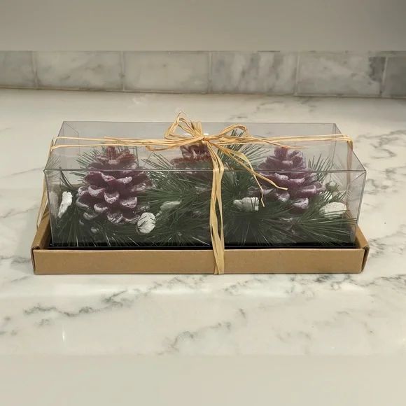 Crate & Barrel 3 Inch Pine Cone‎ Candles Greenery- Boxed Set of 3 NEW