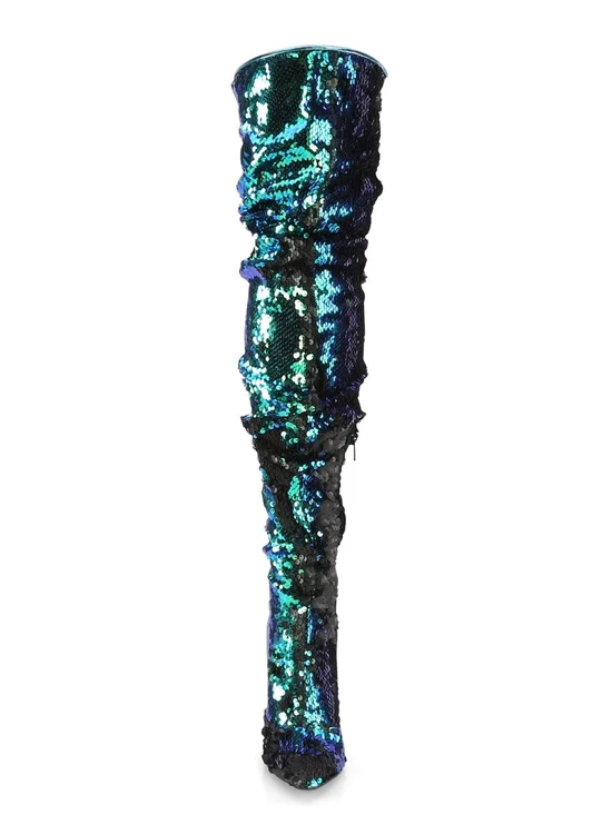 Sequin Over-the-Knee Boot in Iridescent Teal-Blue