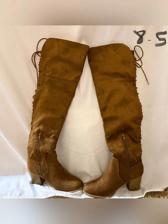 Soda Tan Suede-Look Over-the-Knee Lace-Up Block Heel Boots