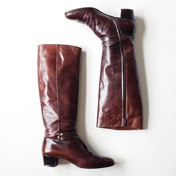 Vintage Salvatore Ferragamo Tall Leather Boots Cognac Brown Riding Italy 7.5 B