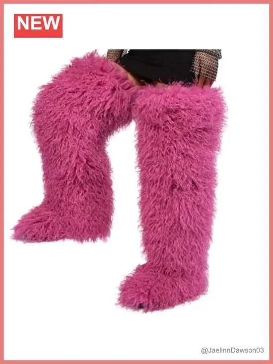 Faux Fur Over the Knee Boots for Women, Tall Thigh-High Fluffy Flat Boots