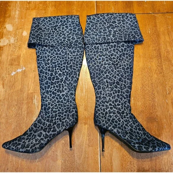 Leopard Print Grey Blue Denim Over the Knee Heeled Boots Size 9.5 Ashro