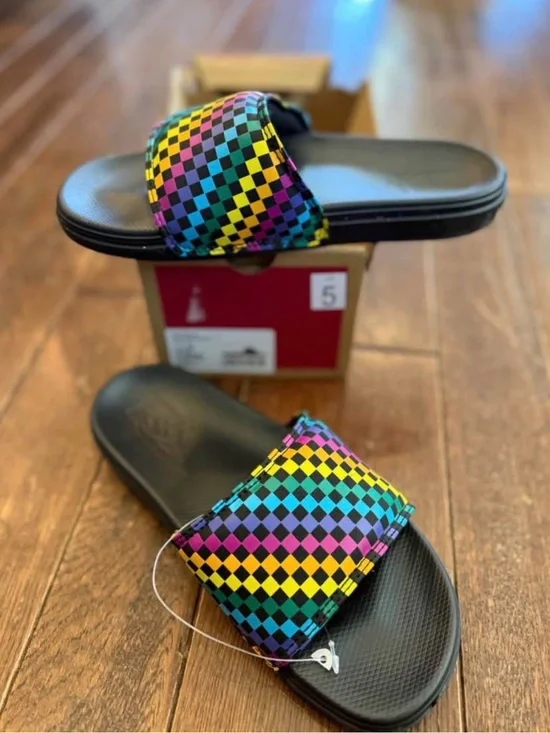 Vans Kids Multicolor Checkerboard Slide Sandals with Black Footbed