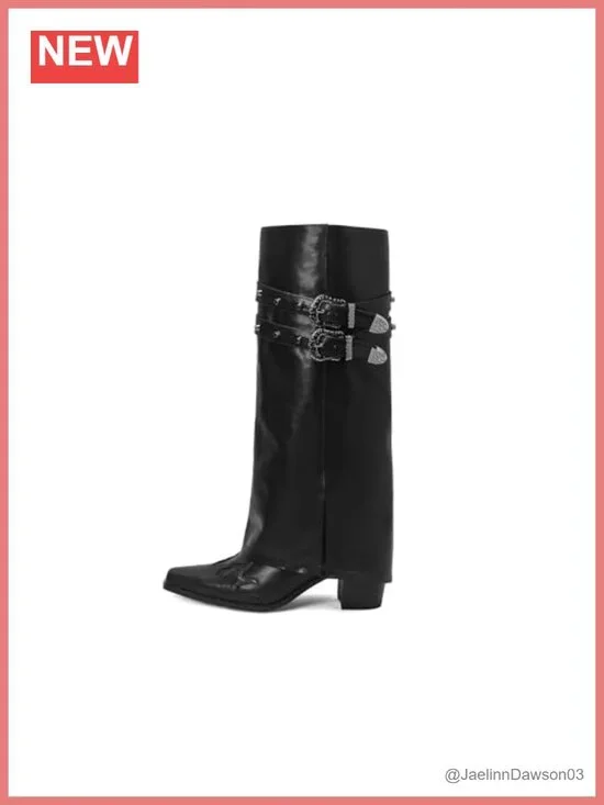 Fold Over Knee High Boots Chunky Block Mid Heel Women Pull On Wide Calf