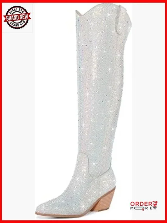 Rhinestone Over the Knee Cowboy Boots, Chunky Heel, Size 5-12
