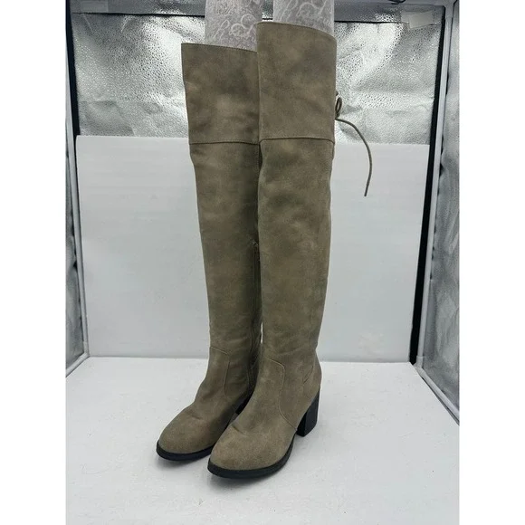 Bamboo Women Taupe Faux Suede Lace Up Back Over The Knee Block Heel Boots Size 7