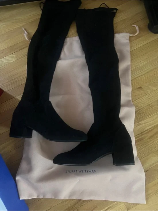 Stuart Weitzman Black Suede Over-the-Knee Block Heel Boots