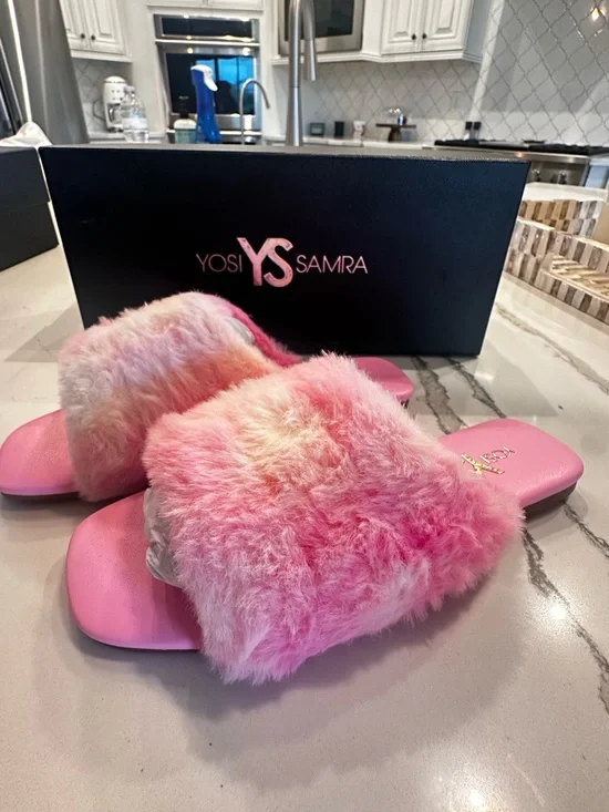 Yosi Samra Pink Plush Faux Fur Slide Sandals
