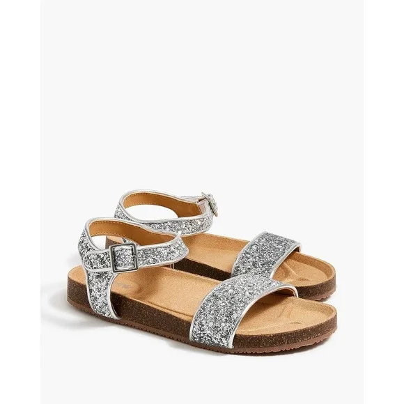 Crewcuts Glitter Two Strap Buckle Sandals Kids 5 Silver Sparkle Comfy Shoes NEW