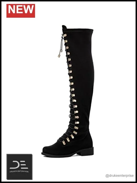 Over the Knee Thigh High Boots for Women Side Zipper Lace-Up Design Microfiber