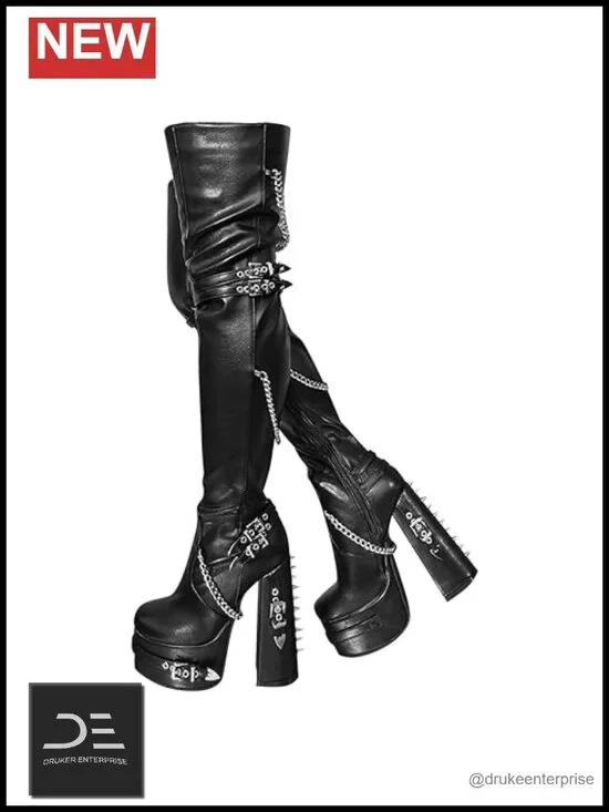 Thigh High Block Heel Platform Boots Chunky Heels Over Knee Side Zip Women Shoes