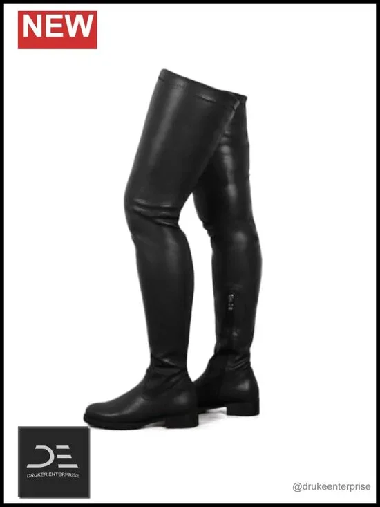 Over the Knee Boots Round Toe Low Chunky Heel Faux Leather Stretch