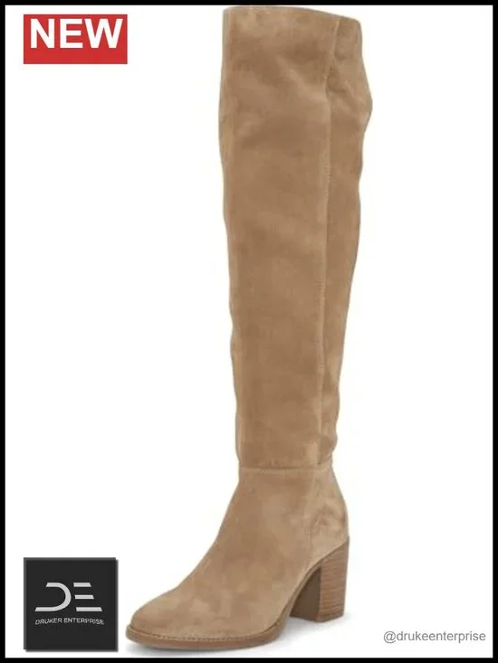 Lucky Brand Borah Studded Knee High Suede Boots Stacked Heel Almond Toe Zip