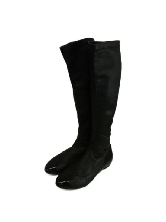 Chanel Long Boots Leather Patent Paneled Round Toe Flat CC Logo