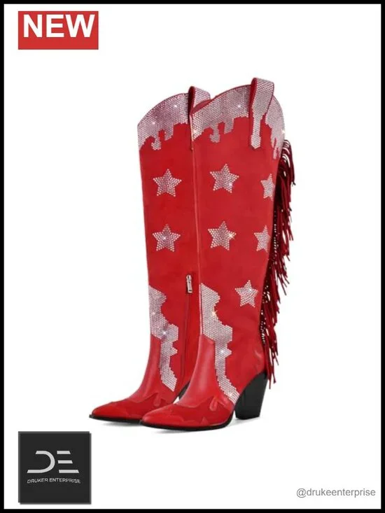 Fringe Thigh High Boots Over The Knee Rhinestone Studded Cowboy Boots Faux Suede