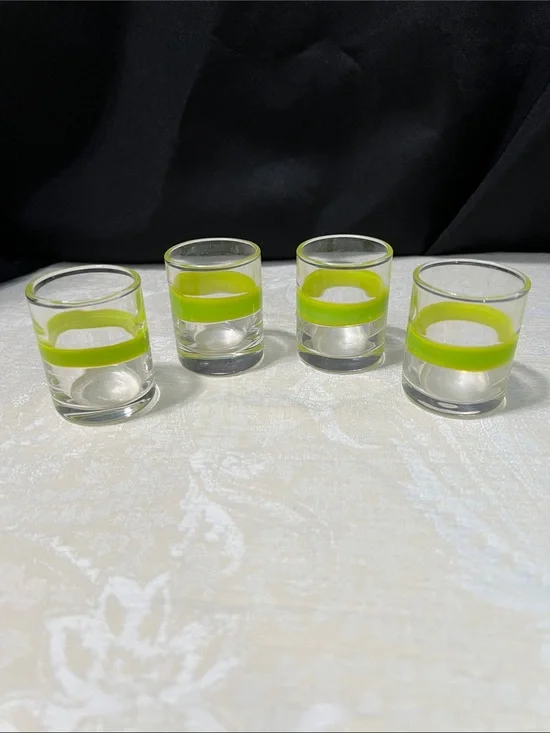Set of 4 Crate and Barrel Lime Green Band Shot Glasses - Clear Glass Barware
