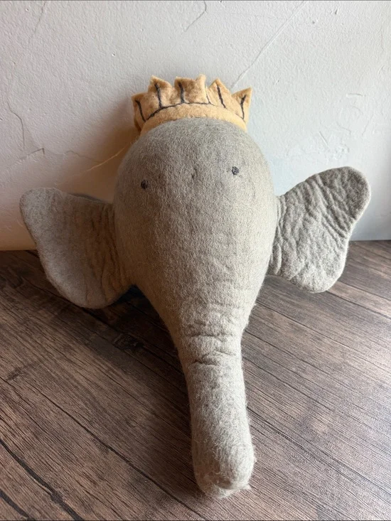 Crate&Barrel Neutral Felt Elephant Wall Decor with Yellow Crown