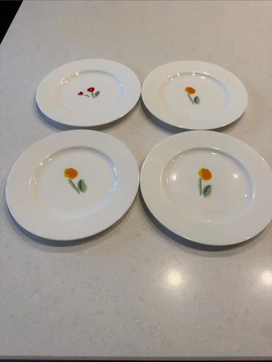 Crate&Barrel Anna artistry bone china Dessert Plates with Yellow Red Floral 4 pc