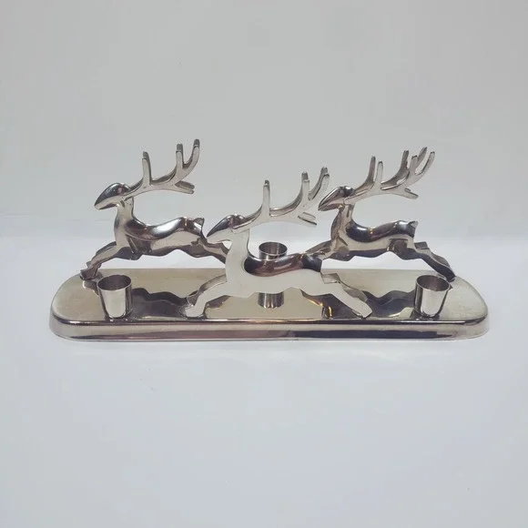 CRATE & BARREL Triple‎ Taper Reindeer Polished Silver Candle Holder 13