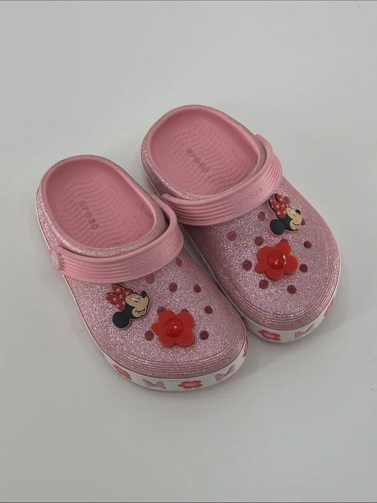 CROCS Kids Pink Glitter Minnie Mouse Clogs with Flower Charms