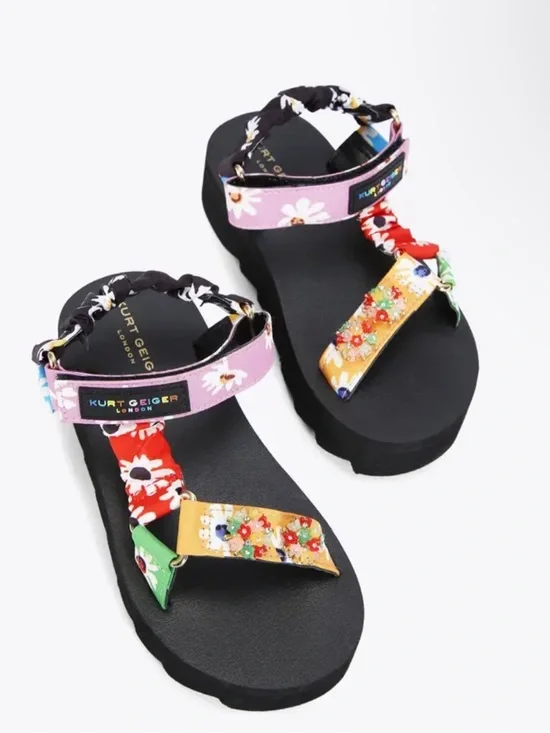 Kurt Geiger Orion Sz 2 Floral Strap Kids Sandals Black, Pink, Red Yellow Green