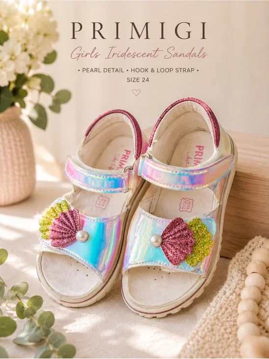 Primigi Girls Iridescent Rainbow Glitter Sandals Pearl Shell Detail EU 24 size 8