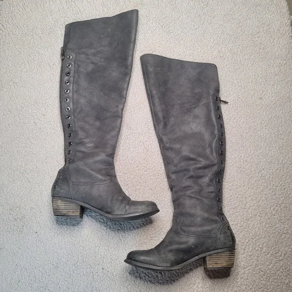 Naughty Monkey Boots 9 Black Leather OTK Grommet Rocker Biker Moto Boho Tall