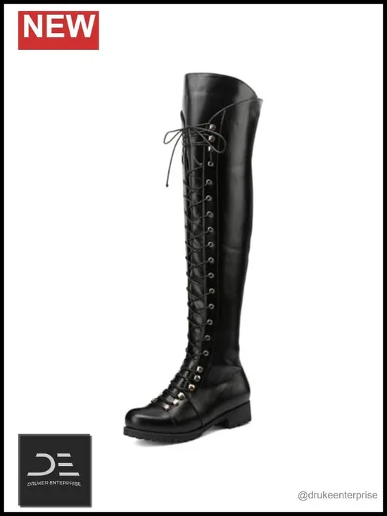 Women's Knee-High Combat Riding Boots PU Leather Lace Up Biker Motorcycle Zip
