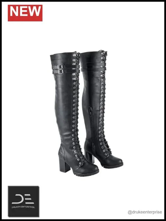 Faux Leather Over the Knee Lace Up Boots with Chunky Heel and Buckle