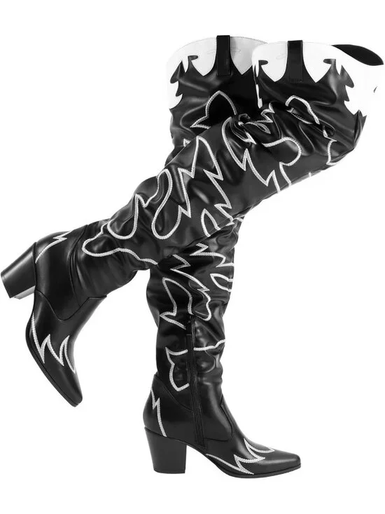 Women's Black Faux Leather Embroidery Slouchy Shaft Chunky Heel Knee High Boots