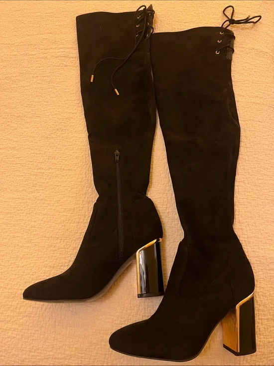 Guess Black Over-the-Knee Suede Boots with Gold Accent Heel