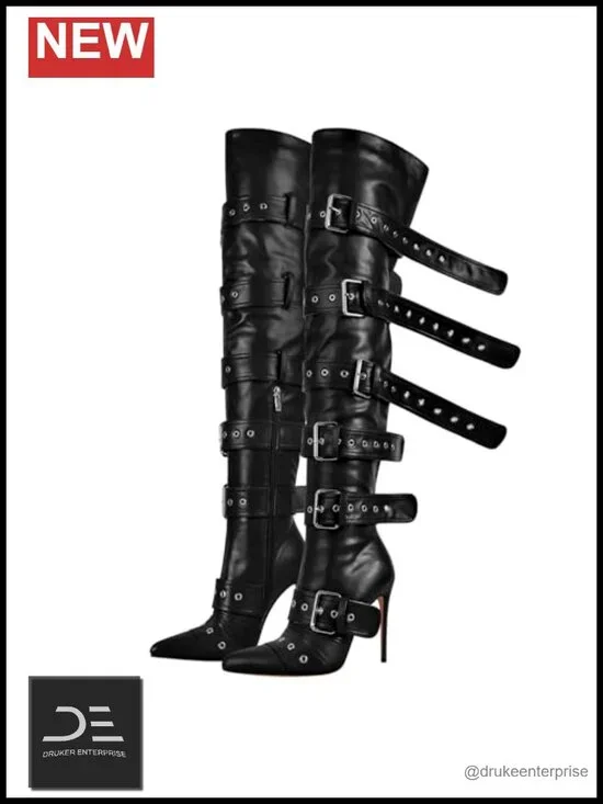 Over the Knee Stiletto Heeled Boots Multi Buckle Thigh High Pointed Toe Women's