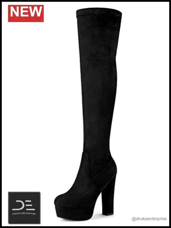 Women's Over Knee High Platform Block Heel Boots Faux Suede Thigh High Winter