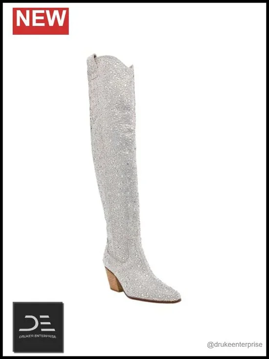 Rhinestone Cowboy Over the Knee Boots Women Thigh High Chunky Heels Pointed Toe
