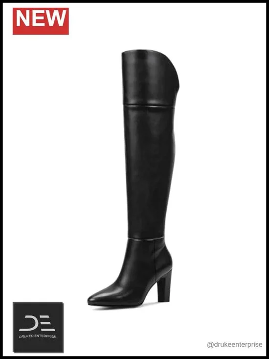 Faux Leather Thigh High Boots with Chunky Heel, Pointed Toe, Side Zipper, Over
