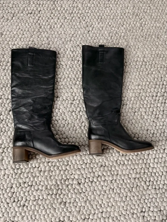 Free People Black Leather Knee High Block Heel Boots