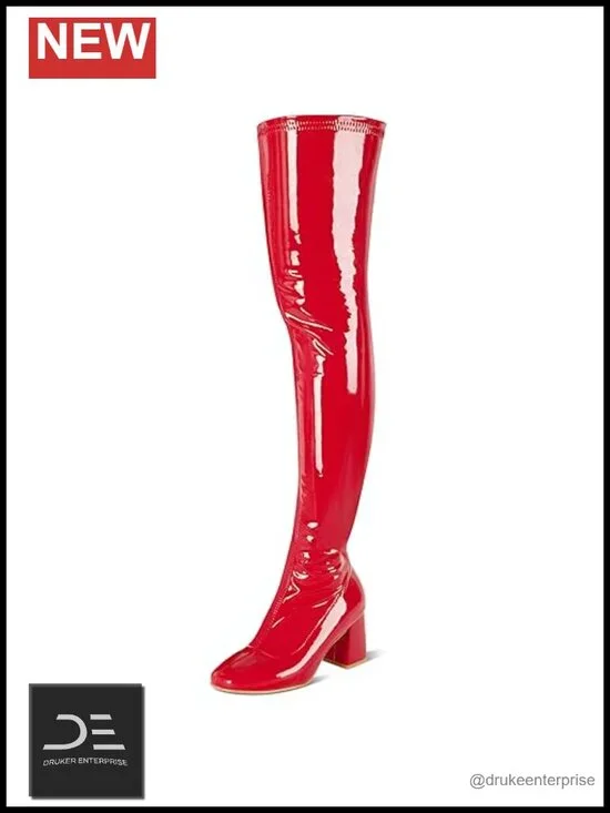 Women's Thigh High Boots Over The Knee Patent PU Chunky Heel Square Toe Side