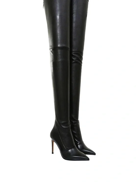 Balmain Amazone Black Leather Over-the-Knee Stiletto Boots 38/8 NWT!