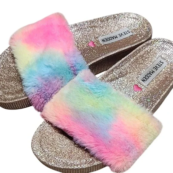 Steve Madden Platform Slide Sandals Faux Fur Rainbow Glitter‎ Y2K Girls