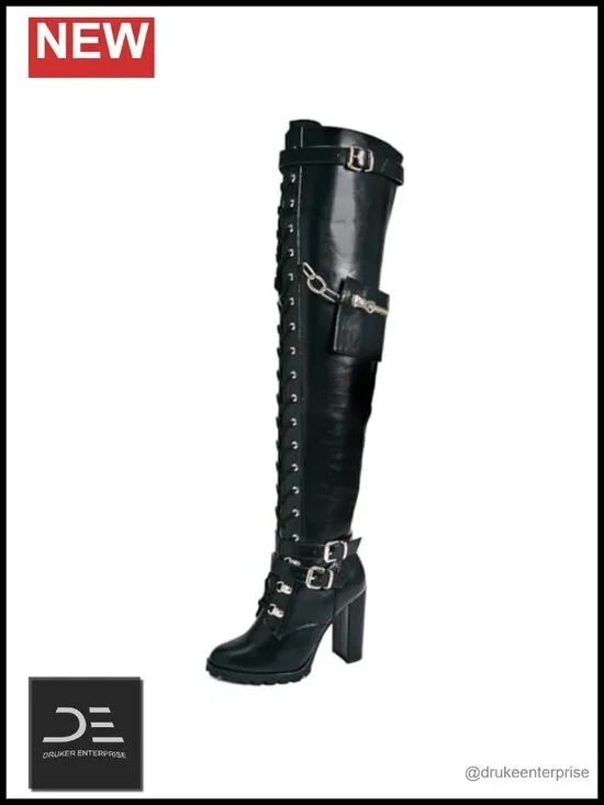 Chunky Block Heel Over the Knee Boots Lace Up Combat Riding Boots Side Zipper